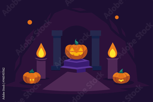 ritual chamber deep underground with carved pumpki 
