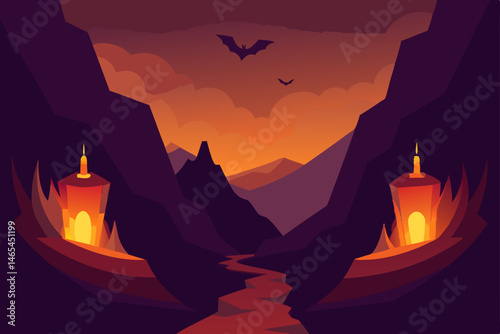 rocky canyon lit by glowing pumpkin torch