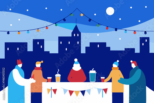 rooftop party in the snow with string lights  