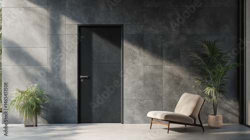 Black plastic modern door with a window, digitally rendered and shown ajar in a minimalistic room setting