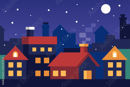rooftop view of a town asleep on christmas eve  