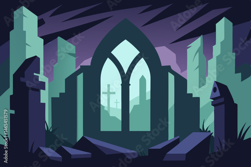 ruined cathedral graveyard with shattered stained 