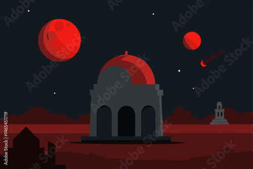 ruined observatory under a blood moon  surrounded 