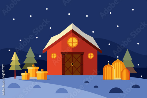 rustic barn with glowing lanterns  hay bales  