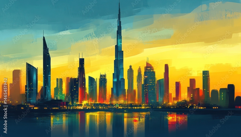 Obraz premium A vibrant digital cityscape at sunset, with tall skyscrapers reflecting in a calm water body. 