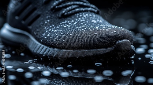 Image of a sneaker with water-repellent properties, featuring droplets on a dark black background