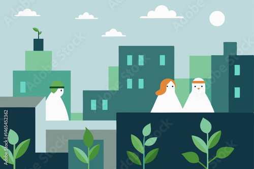 silent hospital rooftop garden with ghost nurses 