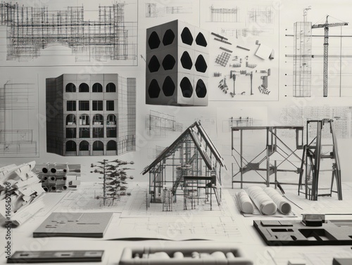 Architectural design models and blueprints, showcasing various building components and structures. Multiple 3D models of buildings, parts, and plans are displayed on top of detailed blueprints