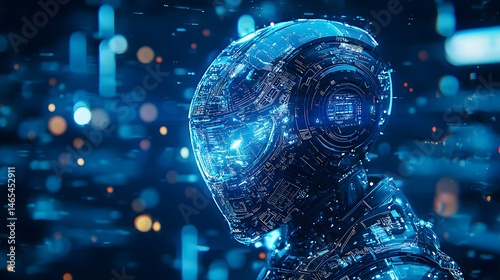 Close-up of a futuristic robotic head with translucent glowing blue circuitry and detailed internal structures
