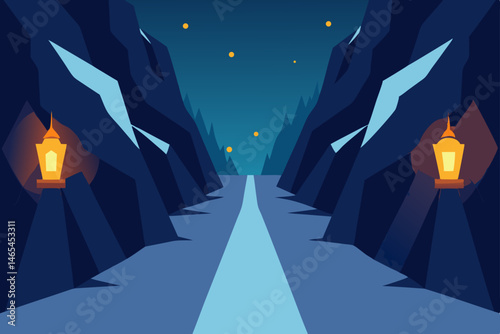 snow draped canyon with glowing lanterns lining 
