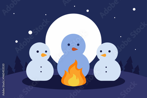 snowman family gathering around a fire made 