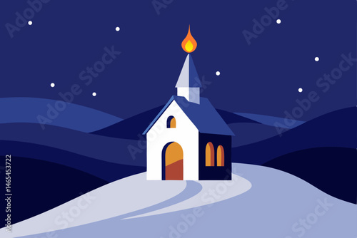 snowy hilltop chapel with candlelight beaming from.