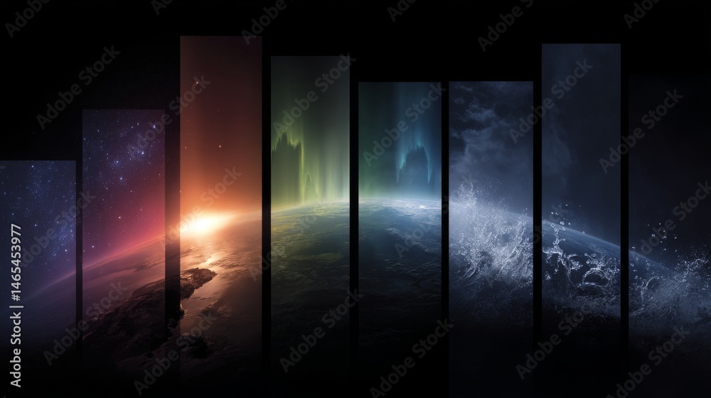 Naklejka premium A stunning visualization of space featuring vibrant colors. The artwork captures the beauty of planets and cosmic phenomena. Perfect for backgrounds and digital projects. AI