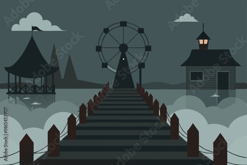spooky boardwalk with abandoned carnival booths 