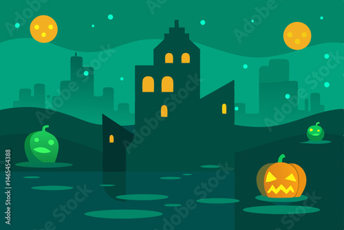 submerged town square under eerie green water