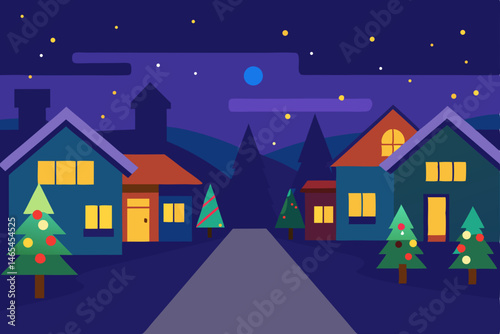 suburban street at dusk with every house glowing
