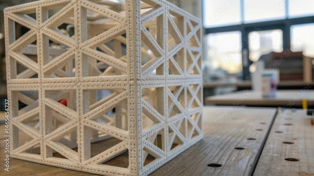 A medium closeup of a 4Dprinted lattice framework highlighting its lightweight design showcasing how the modular pieces interlock seamlessly emphasizing structural integrity and