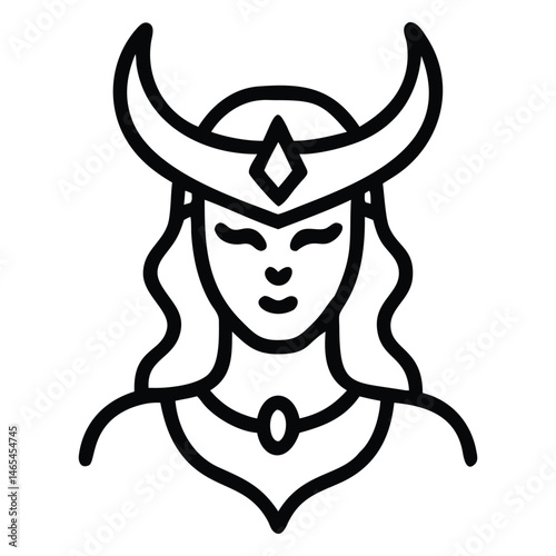 Isolated goddess icon featuring horned crown, simplified face, and flowing hair in minimalist style
