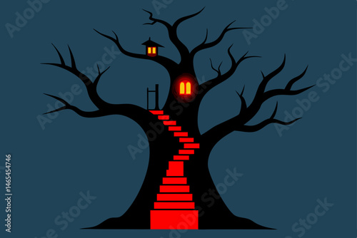 towering haunted tree with twisting staircases car