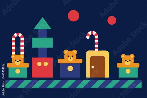 toy factory with conveyor belts moving teddy bears 