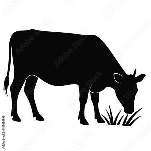 A simple, bold black silhouette of a cow grazing on grass.