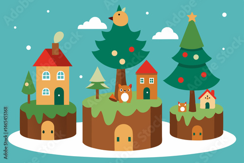 tree stump village with animal families decorating 