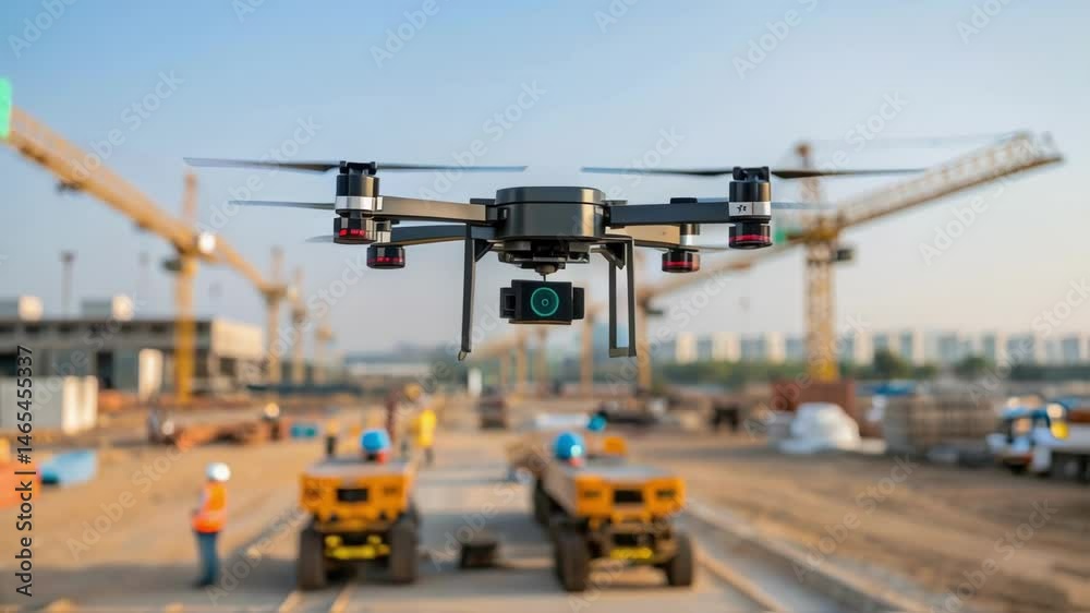 A medium closeup of a construction site with AIdriven drones hovering above capturing aerial footage for monitoring emissions and compliance with environmental standards.