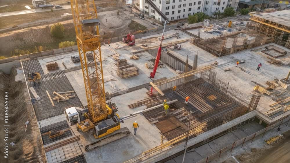 A medium closeup of a construction site captured from the drones perspective revealing intricate details of materials and machinery in use highlighting progress monitoring