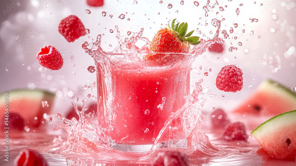 Pink strawberry juice splash captured in motion, blended with watermelon and raspberry elements in a dynamic white background photo