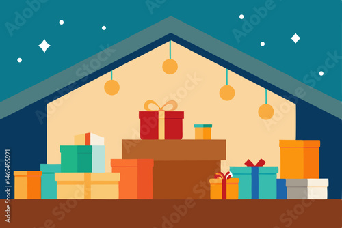 warm attic space full of wrapped gifts  old toys  .svg