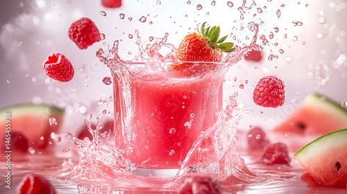 Obraz na płótnie Pink strawberry juice splash captured in motion, blended with watermelon and raspberry elements in a dynamic white background photo w salonie