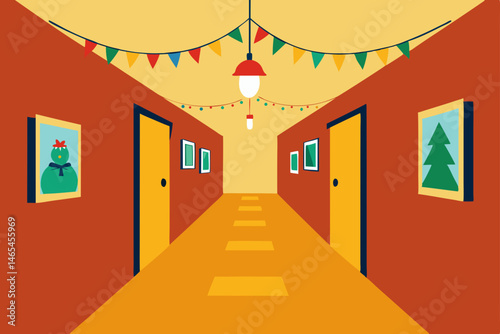 warm hallway lined with family photos  christmas