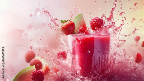 Obraz na płótnie Pink strawberry juice splash captured in motion, blended with watermelon and raspberry elements in a dynamic white background photo w salonie
