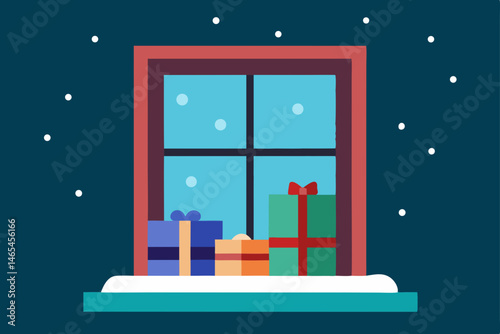 window seat surrounded by wrapped gifts and snow 