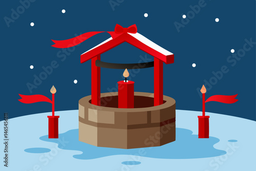 wishing well in a snowy courtyard  with red ribbon 