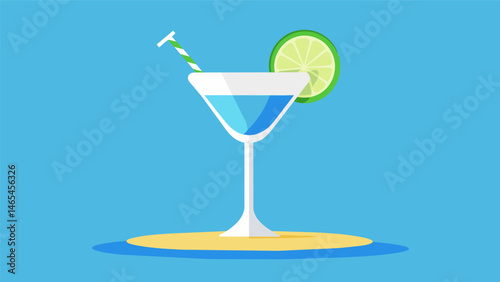 A blend of white rum lime juice and blue curacao served in a glass rimmed with sugar and salt reflecting the colors of the crystal clear water and the white sand of the Caribbean. Vector illustration