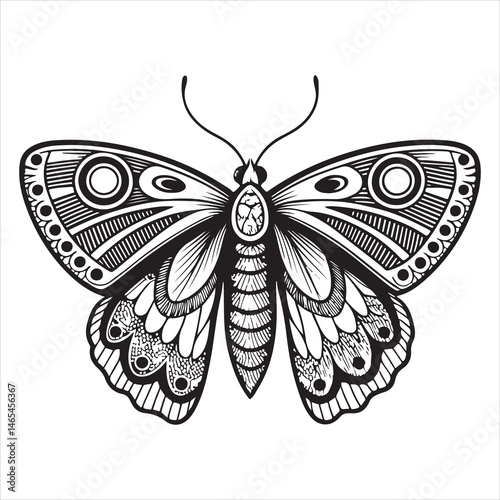 Artificial intelligence model of a black and white butterfly with swirling wings on a white background