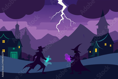 witch duel in a lightning filled sky above a sleep