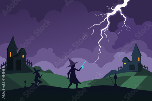 witch duel in a lightning filled sky above a sleep.svg