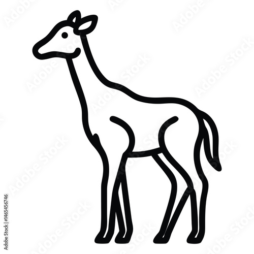 Line art depiction shows a stylized giraffe standing in profile view calmly against white