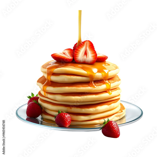 Stack of pancakes with fresh strawberries and syrup on a plate for breakfast.