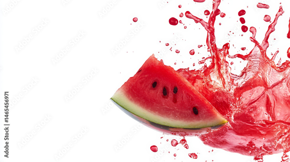 Sliced watermelon dropping into a splash of juice, isolated on a clean white background