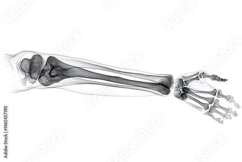 X-ray view of human arm bones and joints showing radius and ulna extending from elbow to wrist, creating a detailed anatomical representation useful for medical and educational purposes
