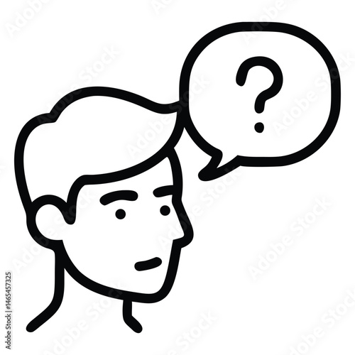 Line art depicts a thoughtful person with a question mark in a speech bubble