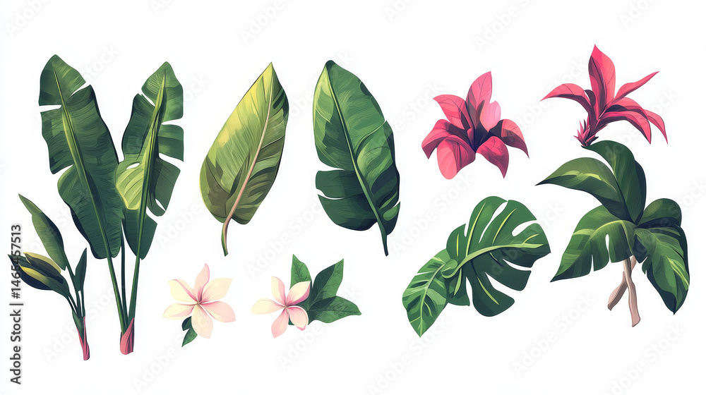 Stylized vector set of tropical jungle plants including banana, monstera, philodendron, and plumeria leaves, all isolated on white