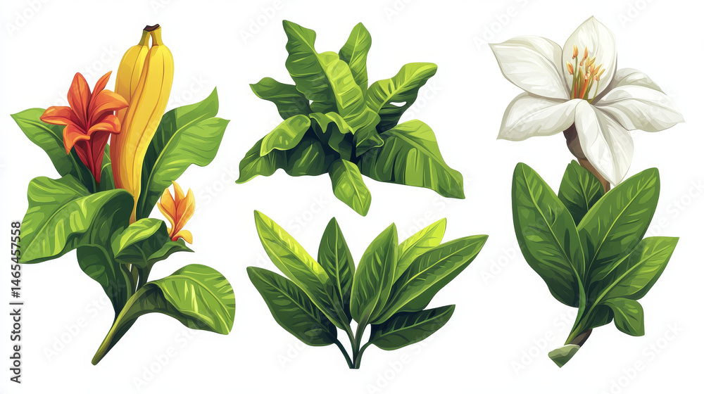 Stylized vector set of tropical jungle plants including banana, monstera, philodendron, and plumeria leaves, all isolated on white