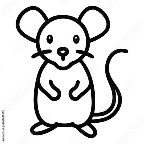 Line art drawing presents a cute cartoon mouse standing and looking forward charmingly