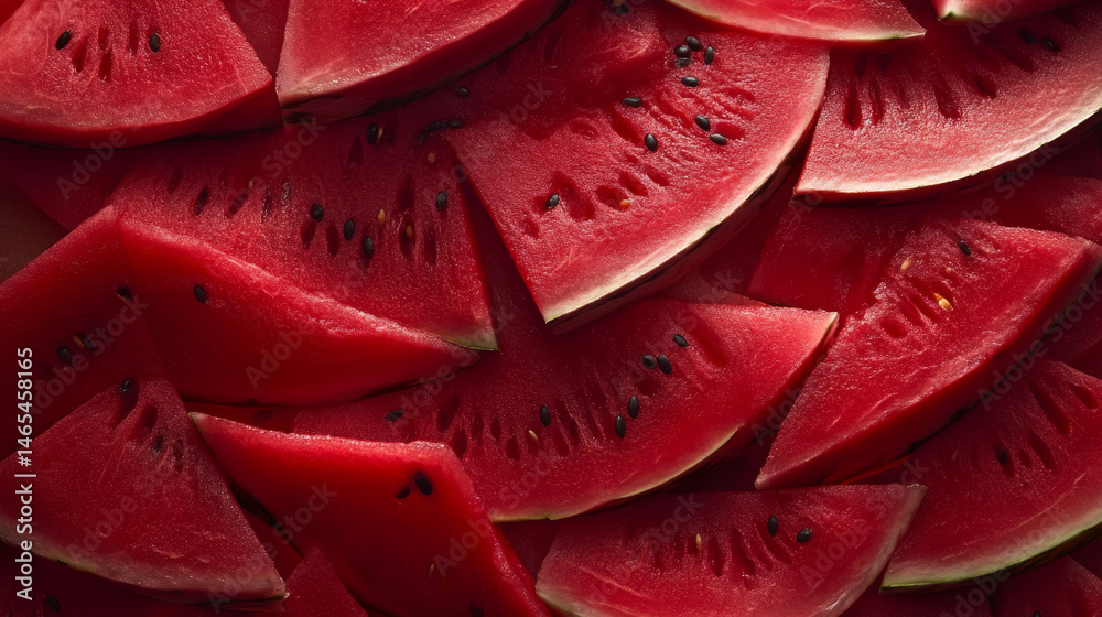 Top-down view showcasing multiple layers of freshly sliced red watermelon wedges with seeds