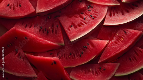 Obraz na płótnie Top-down view showcasing multiple layers of freshly sliced red watermelon wedges with seeds w salonie