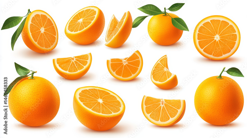 Variety pack of whole and sliced oranges with juicy splashes in a 3D realistic illustration, all on a white background
